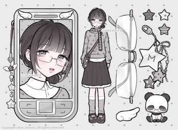 Rule 34 | 1girl, bag, bespectacled, black hair, black shoes, black skirt, blunt bangs, braid, bright pupils, cellphone charm, charm (object), commentary request, fashion, full body, glasses, grey background, grey bag, grey eyes, grey shoes, grey sweater, grey theme, korean commentary, looking at viewer, multiple views, mxx025, original, panda, polka dot sweater, scarf, shirt, shoes, short hair, shoulder bag, simple background, single braid, skirt, standing, star (symbol), striped clothes, striped scarf, sweater, watermark, white pupils, white shirt, wishcore
