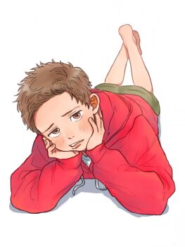 1boy barefoot blush brown_eyes brown_hair hatoshi_(pico273) highres hood hoodie lying male_focus on_stomach original parted_lips short_hair shorts solo