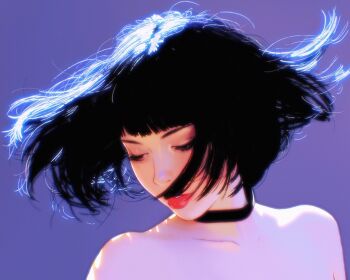 Rule 34 | 1girl, backlighting, bare shoulders, black choker, black hair, bob cut, choker, collarbone, commentary, english commentary, half-closed eyes, highres, ilya kuvshinov, original, overexposure, paid reward available, parted lips, purple background, red lips, short hair, simple background, solo, spinning, upper body