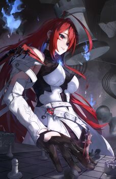 1girl absurdres ahoge blue_fire blue_hair breasts chess_piece colored_inner_hair commentary dress elizabeth_rose_bloodflame elizabeth_rose_bloodflame_(1st_costume) english_commentary fire highres hololive hololive_english huge_ahoge long_hair looking_at_viewer lucien_tube multicolored_hair open_mouth queen_(chess) red_eyes red_hair two-tone_hair very_long_hair virtual_youtuber