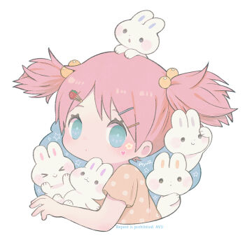 1girl animal animal_on_head artist_name ayu_(mog) blue_background blue_eyes blush closed_mouth commentary commentary_request cropped_torso english_commentary facial_mark food-themed_hair_ornament hair_bobbles hair_ornament hairclip heart heart_facial_mark looking_at_viewer mixed-language_commentary on_head orange_shirt original parallel_hairclips pink_hair polka_dot polka_dot_shirt rabbit romaji_commentary shirt short_hair short_sleeves short_twintails signature strawberry_hair_ornament twintails watermark