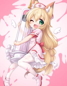 1girl absurdres angel_wings animal_ears blonde_hair blood blood_on_clothes blood_on_face blood_splatter blush bow braid detached_wings dress fang floating floral_print fox_ears fox_girl fox_tail green_eyes hair_ribbon hat highres holding holding_syringe kinomiki_nobori long_hair looking_at_viewer mini_wings nurse nurse_cap one_eye_closed open_mouth original oversized_object pantyhose pink_background pink_dress pink_hat pink_shoes print_headwear red_bow ribbon shoes short_sleeves smile syringe tail waist_bow white_pantyhose white_ribbon wings wink