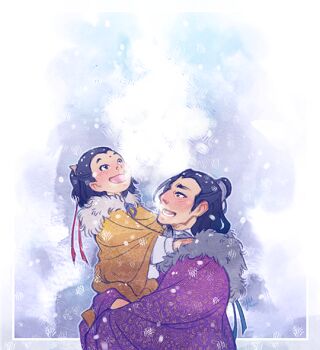 2boys artist_name bindi black_eyes black_hair border breath carrying carrying_person chinese_clothes cloak coat cold commentary english_commentary facial_mark forehead_mark fur-trimmed_coat fur_trim grey_border grey_outline hair_ribbon hanfu jiang_cheng jin_ling long_hair long_sleeves looking_at_another looking_up male_focus modao_zushi monolids multiple_boys outdoors outline outside_border purple_cloak red_ribbon ribbon smile snow standing topknot uncle_and_nephew xiao_guan_(headdress) yellow_hanfu yutaan