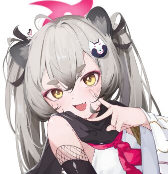 1girl absurdres animal_ears black_scarf blue_archive close-up eyeshadow fang grey_hair halo highres long_hair looking_at_viewer makeup mawe127 michiru_(blue_archive) ninja pink_eyeshadow pink_halo raccoon_ears raccoon_girl raccoon_hair_ornament scarf skin_fang smile solo thick_eyebrows twintails v