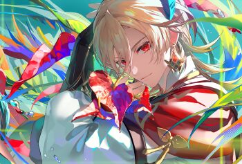 1boy arm_strap bishounen black_gloves blonde_hair cape closed_mouth colorful commentary earrings feather_hair_ornament feathers fingerless_gloves flower genshin_impact gloves hair_between_eyes hair_ornament hand_up highres holding holding_leaf jewelry kaveh_(genshin_impact) koujisako leaf long_hair long_sleeves looking_at_viewer male_focus medium_hair plant red_cape red_eyes shirt smile solo symbol-only_commentary upper_body white_shirt