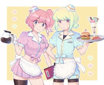 1boy 1girl aina_ardebit alternate_costume alternate_hairstyle apron bike_shorts bike_shorts_under_shorts black_gloves black_thighhighs blue_eyes blue_shirt blue_shorts border breasts burger character_name coffee_pot food french_fries gloves green_hair heart highres holding holding_tray ice_cream kome_1022 large_breasts light_blush lio_fotia low_ponytail maid_apron matching_outfits menu menu_board midriff name_tag pink_hair pink_shirt pink_skirt ponytail promare puffy_shorts purple_eyes shirt short_hair shorts side_ponytail single_thighhigh skirt striped sundae sweatdrop thighhighs tied_shirt trap tray vertical_stripes waiter waitress white_border white_gloves white_headwear yellow_background