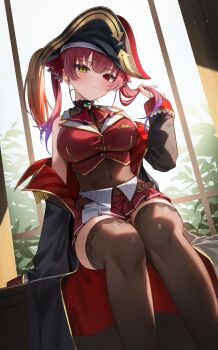 1girl absurdres ascot black_coat blush breasts closed_mouth coat covered_navel cropped_vest gold_trim hat heterochromia highres hololive houshou_marine houshou_marine_(1st_costume) large_breasts light_particles looking_at_viewer off_shoulder pirate_hat plume red_ascot red_eyes red_hair shuvi_(shuvi1125) sitting solo thighhighs twintails vest virtual_youtuber window yellow_eyes