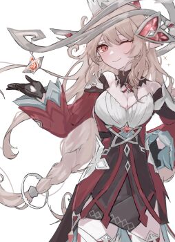 1girl alice_(genshin_impact) blonde_hair breasts brown_gloves cleavage clover_print commentary cowlick detached_collar detached_sleeves elf gem genshin_impact gloves hair_between_eyes highres jewelry layered_sleeves long_hair looking_at_viewer medium_breasts nayuta_(8888_mugen) one_eye_closed pointy_ears pyro_symbol_(genshin_impact) red_eyes red_sleeves sketch symbol-only_commentary vision_(genshin_impact) wide_sleeves