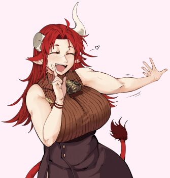1girl absurdres ahoge animal_ears antares_topaz asymmetrical_horns bare_shoulders bell blind blush breasts buttons closed_eyes cow_ears cow_horns cow_tail cowbell cowboy_shot fangs fingernails ganymede_(antares_topaz) happy heart high_collar highres horns hoshino_ruby_dance huge_breasts long_hair looking_at_viewer messy_hair motion_lines muscular muscular_female nose_blush open_mouth pink_background red_hair single_horn smile spoken_heart star_linker sweater tail tall tongue