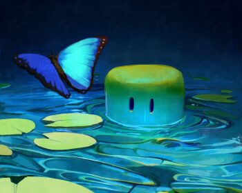 blue_butterfly bug butterfly colored_skin highres insect lily_pad noob_(roblox) nr1toki partially_submerged pond ripples roblox water yellow_skin