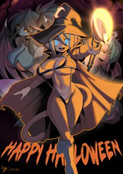 3girls absurdres ahoge animal_ears bat_wings blue_eyes blue_hair blue_skin breasts colored_skin commentary crescent_moon ear_piercing english_commentary geistbox halloween_costume happy_halloween hat highres large_breasts luna_(geistbox) monkey_ears monkey_girl monkey_tail moon multiple_girls original pandy_(geistbox) piercing ponytail short_hair tail twitter_username vio_(geistbox) wings witch_hat