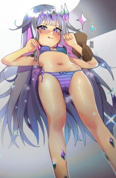 absurdres arms_up bikini blush breasts cameltoe closed_mouth feet_out_of_frame from_below gem grabbing_another's_arm highres hololive hololive_english koseki_bijou licking_lips long_hair navel nirunotnori purple_bikini purple_eyes purple_hair ribbon-trimmed_bikini ribbon_trim side-tie_bikini_bottom signature small_breasts sparkle sparkling_aura striped_bikini striped_clothes swimsuit tongue tongue_out virtual_youtuber