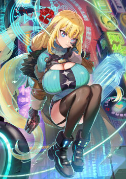 1girl alicia_(goetia_shock) alicia_arclight black_thighhighs blonde_hair blue_eyes book boots breasts building chinese_text city_lights cleavage_cutout clothing_cutout cover cover_page cyberpunk dress floating fur-trimmed_jacket fur_trim garter_straps gloves goetia_shock gun hand_on_own_face handgun highres holding holding_gun holding_weapon hologram huge_breasts impossible_clothes impossible_dress jacket knees_to_chest long_hair low_twintails novel_cover off_shoulder official_art ookuma_nekosuke open_clothes open_jacket partially_fingerless_gloves pencil_dress pill science_fiction second-party_source sign solo striped_clothes striped_dress thighhighs turtleneck turtleneck_dress twintails vertical-striped_clothes vertical-striped_dress very_long_hair weapon yin_yang zettai_ryouiki