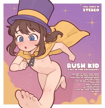 1girl a_hat_in_time album_cover barefoot blue_eyes border brown_hair cape casytay commentary cover english_commentary english_text fake_cover flat_chest hat hat_kid highres loli nipples nude open_mouth paid_reward_available ponytail purple_hat running soles solo toes top_hat variant_set white_border yellow_cape