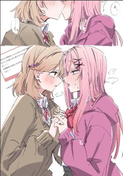 Rule 34 | 2girls, alternate hair length (longer), alternate hair length (shorter), amaori renako, ashigaya high school uniform, bow, bowtie, brown eyes, brown hair, brown sweater, collared shirt, commentary request, hair length switch, highres, holding hands, hood, hoodie, interlocked fingers, kiss, kituneginoe, long hair, marshmallow (site), medium hair, multiple girls, pink bow, pink bowtie, pink hair, purple eyes, purple hoodie, request inset, school uniform, sena ajisai, shirt, simple background, speech bubble, sweater, translation request, watashi ga koibito ni nareru wake naijan murimuri!, white background, white shirt, yuri