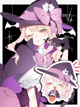 1other :d ;) ^_^ akiyama_mizuki bat_(animal) black_background black_gloves blush blush_stickers border bow bowtie capelet chibi chibi_inset closed_eyes collared_shirt corset finger_to_cheek frilled_sleeves frills gloves halloween hand_up hat hat_bow highres index_finger_raised long_hair looking_at_viewer one_eye_closed open_mouth other_focus outline outside_border pink_bow pink_bowtie pink_eyes pink_hair pink_skirt project_sekai puffy_short_sleeves puffy_sleeves purple_capelet purple_corset purple_hat shirt short_sleeves side_ponytail sidelocks simple_background single_blush_sticker skirt sleeve_bow smile solo tongue tongue_out twitter_username upper_body v-shaped_eyebrows white_border white_bow white_outline witch_hat yukino_0306