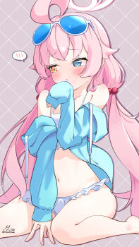 1girl absurdres ahoge bare_shoulders barefoot between_legs bikini blue-tinted_eyewear blue_archive blue_eyes blue_jacket blush closed_mouth collarbone commentary_request embarrassed eyewear_on_head feet_out_of_frame frilled_bikini frills frown furrowed_brow grey_background hair_between_eyes hair_bobbles hair_ornament halo hand_between_legs hand_up heterochromia highres hoshino_(blue_archive) huge_ahoge jacket jacket_partially_removed long_hair looking_to_the_side low_twintails muu3_illust navel official_alternate_costume official_alternate_hairstyle open_clothes open_jacket pink_hair pink_halo sidelocks signature simple_background sitting sleeves_past_wrists solo sparkle speech_bubble spoken_blush stomach sunglasses swimsuit thighs tinted_eyewear twintails twitter_username very_long_hair wariza white-framed_eyewear white_bikini yellow_eyes