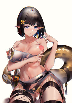 1girl absurdres after_fellatio arknights bikini bikini_bottom_aside bikini_pull bikini_top_only black_hair black_thighhighs blue_eyes blush breasts brush cleft_of_venus clothes_pull clothing_aside cum cum_in_mouth cum_on_body cum_on_hands cumdrip eunectes_(arknights) facial flower grey_skirt hair_flower hair_ornament highres large_breasts micro_bikini navel nipple_stimulation nipple_tweak nose_blush pointy_ears pouch pussy pussy_juice screwdriver short_hair side-tie_bikini_bottom simple_background skindentation skirt snake_tail solo stomach strap_slip string_bikini swimsuit tail thighhighs tools torn_clothes torn_skirt torn_thighhighs uncensored white_background white_bikini wrench yellow_bikini zhan_bu