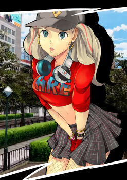 1girl absurdres atlus between_legs biku blonde_hair blue_eyes bracelet breasts cap crop_top earrings female_focus fishnets hand_between_legs hands_between_legs hat have_to_pee highres hoop_earrings jewelry long_sleeves looking_at_viewer megami_tensei multicolored_hair navel persona persona_5 persona_5:_dancing_star_night persona_dancing skirt solo solo_focus takamaki_anne twintails two-tone_hair