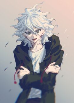 1boy black_pants blue_background chinese_commentary collarbone commentary_request cowboy_shot crazy crossed_arms danganronpa_(series) danganronpa_2:_goodbye_despair debris gradient_background green_eyes green_jacket hair_between_eyes highres hood hood_down hooded_jacket jacket komaeda_nagito long_sleeves looking_at_viewer male_focus medium_hair messy_hair open_clothes open_jacket open_mouth orange_background pants qing_bie_gou_jiao self_hug shirt simple_background smile solo teeth white_hair white_shirt