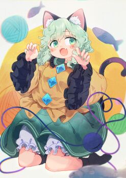 1girl absurdres animal_ear_fluff animal_ears bloomers blush buttons cat_ears cat_girl cat_tail claw_pose commentary_request diamond_button eyeball fang fish frilled_sleeves frills green_eyes green_hair green_nails green_skirt heart heart_in_eye heart_of_string highres kemonomimi_mode koishi_day komeiji_koishi long_sleeves looking_at_viewer no_headwear open_mouth shirt skin_fang skirt smile solo symbol_in_eye tail third_eye toroid_(621997) touhou underwear white_bloomers wide_sleeves yarn yarn_ball yellow_shirt