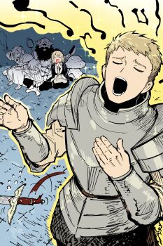 absurdres ambrosia_(dungeon_meshi) armor bad_singing beard blonde_hair blue_robe chilchuck_tims dungeon_meshi dwarf elf facial_hair fake_horns falin_touden halfling helmet highres horned_helmet horns laios_touden long_beard marcille_donato musical_note pointy_ears robe senshi_(dungeon_meshi) very_long_beard yw763762338