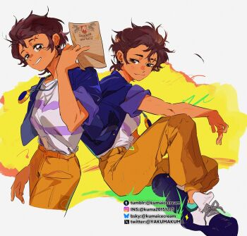 1girl :3 brown_eyes brown_hair brown_pants dark-skinned_female dark_skin eyebrow_cut jacket jewelry kuma20151225 luz_noceda necklace pants purple_jacket scar scar_on_face shirt shoes short_hair sitting sleeves_rolled_up smile sneakers solo striped_clothes striped_shirt the_owl_house very_short_hair