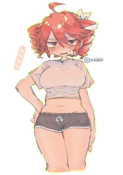 1girl blush bow commentary_request crop_top cropped_legs drill_hair groin hair_bow hair_ribbon hand_on_own_hip jitome kasane_teto kasane_teto_(sv) looking_at_viewer midriff navel nose_blush ocdbpd open_mouth red_eyes red_hair ribbon short_sleeves shorts solo sweat synthesizer_v twin_drills utau v-shaped_eyebrows