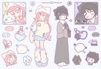 ! &gt;_&lt; 2girls ? alien_stage alternate_costume bag black_bag black_cat black_hair black_hat black_skirt blue_shoes blue_skirt cardigan cat charm_(object) checkered_background coldmeow commentary emoticon english_commentary green_eyes grey_cardigan hat highres kaomoji leg_warmers long_hair mizi_(alien_stage) multiple_girls one_eye_closed pink_hair plaid_clothes plaid_skirt purple_eyes sanrio shoes short_hair shoulder_bag skirt speech_bubble sua_(alien_stage) sweater thought_bubble turtleneck turtleneck_sweater v very_long_hair white_bag white_cat white_hat white_leg_warmers white_shoes white_sweater