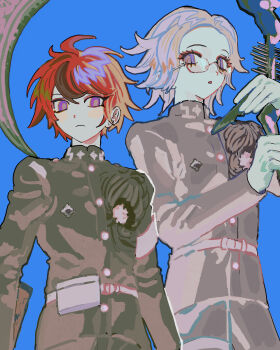 2boys ahoge aotsuki_eito armband belt belt_pouch black_hair black_jacket black_pants blue_background blue_eyes closed_mouth commentary_request frown gakuran glasses gloves grey_hair highres holding holding_scythe holding_weapon hole_in_chest hole_on_body jacket last_defense_academy_school_uniform looking_at_viewer male_focus multicolored_hair multiple_boys pants parted_lips pouch purple_eyes red_hair school_uniform scythe short_hair simple_background streaked_hair sumino_takumi tami_tome_mo the_hundred_line_-last_defense_academy- thigh_strap two-tone_hair weapon white_armband white_belt white_gloves