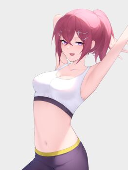 arm_behind_head armpits arms_up bare_shoulders black_pantyhose breasts cleavage digimon digimon_card_game digimon_liberator grey_background hashtag-only_commentary high_ponytail highres medium_breasts navel official_alternate_costume pantyhose pink_hair ponytail purple_eyes simple_background sports_bra stretching white_sports_bra yuuki_(digimon) zigma_s