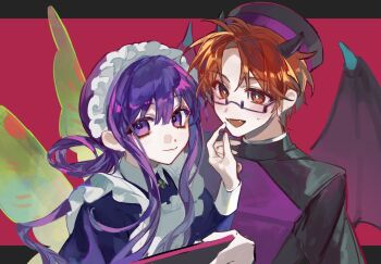 1boy 1girl akane_aoi aoi_akane apron bfwk74496 bright_pupils couple dragon_wings fangs feeding glasses green_wings hat hetero highres horns jibaku_shounen_hanako-kun looking_at_another looking_at_viewer maid maid_apron maid_headdress orange_eyes orange_hair purple_eyes purple_hair sweatdrop white_pupils wings