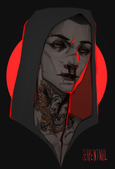 1boy absurdres backlighting blood commentary dead_by_daylight frank_morrison grey_hoodie half-closed_eyes head_tilt highres hood hood_up hoodie looking_at_viewer male_focus nail_(hardware) neck_tattoo nosebleed portrait red_light scar scar_across_eyebrow scar_on_face scar_on_mouth scar_on_nose serpentahl skull smirk solo straight-on symbol-only_commentary tattoo white_eyes