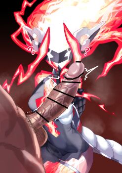 1boy 1girl ? absurdres breasts china_dress chinese_clothes clothing_cutout colored_skin dress duel_monster electricity elemental_(creature) energy energy_girl energy_hair enmo_takeshita erection eye_mask gloves highres imminent_fellatio jacket lightning_elemental lightning_hair mask mechanical_ears penis pubic_hair red_skin see-through_clothes small_breasts spright_elf stomach_cutout testicles thighs yu-gi-oh!