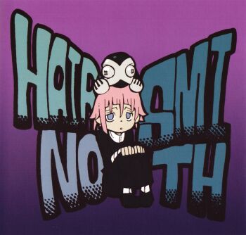 1girl black_dress black_skirt blue_eyes button_eyes buttons crona_(soul_eater) dress highres long_skirt long_sleeves non-web_source ohkubo_atsushi on_floor pink_hair purple_background ragnarok_(soul_eater) shoes short_hair skirt