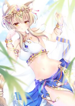 1girl animal_ears bare_shoulders bracelet breasts brown_eyes brown_hair cat_ears dancer grass hair_ornament hiryuu_kanon iris_mysteria! jewelry laura_kelyrie medium_breasts midriff navel standing thighs