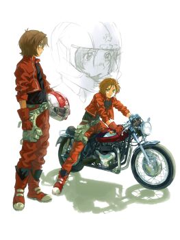 1girl absurdres belt black_skirt boots brown_hair closed_mouth full_body gloves green_eyes grey_belt helmet highres holding holding_unworn_helmet jacket mauvh motor_vehicle motorcycle multiple_views pants red_boots red_gloves red_jacket red_pants riding short_hair skirt toboe_(wolf's_rain) unworn_headwear unworn_helmet white_background wolf's_rain