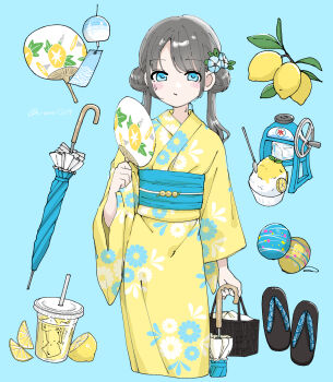 1girl bag blue_background blue_eyes closed_umbrella commentary_request cowboy_shot cup disposable_cup double_bun flower food fruit hair_bun hair_flower hair_ornament hand_fan highres holding holding_bag holding_fan holding_umbrella ice_shaver japanese_clothes kimono lemon long_hair nozawa_(nooo1709) obi original paper_fan sash shaved_ice solo standing uchiwa umbrella yellow_kimono