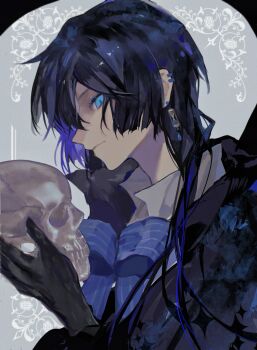 Rule 34 | 1boy, absurdres, black background, black coat, black gloves, black hair, blue background, blue bow, blue eyes, blue hair, bow, bowtie, closed mouth, coat, colored inner hair, commentary request, earclip, earrings, four-pointed star, gloves, hair between eyes, highres, holding, holding skull, jewelry, long hair, looking at object, male focus, moriiii, multicolored hair, ornate, ponytail, profile, shirt, single earring, skull, solo, two-tone background, upper body, vanitas (vanitas no carte), vanitas no carte, white shirt