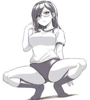 1girl breasts buruma commentary_request glasses greyscale gym_shorts gym_uniform hairband idolmaster idolmaster_cinderella_girls idolmaster_cinderella_girls_starlight_stage kneehighs large_breasts long_hair monochrome pataneet shorts socks solo spread_legs squatting yagami_makino