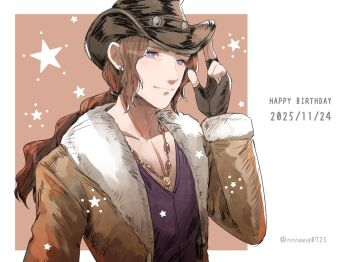 Rule 34 | 1boy, adjusting clothes, adjusting headwear, bead necklace, beads, blue eyes, border, brown background, brown coat, brown hair, brown hat, closed mouth, coat, commentary request, cowboy hat, dated, earrings, final fantasy, final fantasy viii, fingerless gloves, fur-trimmed coat, fur trim, gloves, happy birthday, hat, irvine kinneas, jewelry, light smile, long hair, low ponytail, male focus, necklace, nnnmmg0725, ponytail, purple vest, solo, twitter username, upper body, vest, wavy hair, white border