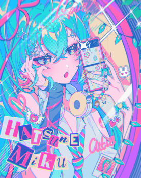 1girl absurdres aqua_eyes aqua_hair blue_nails camera_flash cellphone character_name facial_mark hair_ornament hatsune_miku head_rest headphones headphones_around_neck heart heart_facial_mark highres holding holding_phone long_hair looking_at_mirror maegjuw mirror mirror_selfie necktie open_mouth phone reflection reflection_focus selfie shirt sleeveless sleeveless_shirt smartphone solo star_(symbol) star_hair_ornament twintails vocaloid white_shirt