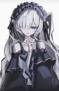 1girl absurdres blue_dress blue_hairband commentary_request dress gothic_lolita hair_over_one_eye hairband highres kenran_000 lolita_fashion lolita_hairband long_hair looking_at_viewer magical_girl mahou_shoujo_no_majo_saiban natsume_an-an parted_lips purple_eyes simple_background sketch solo very_long_hair wavy_hair white_background white_hair