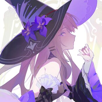 1girl bare_shoulders black_bow black_dress black_hat blonde_hair bow breasts chy_(chyru) closed_mouth detached_collar dress expressionless flower frills from_side hair_ornament hairclip hand_up hashtag-only_commentary hat hat_flower herta_(honkai:_star_rail) honkai:_star_rail honkai_(series) looking_at_viewer purple_eyes purple_flower purple_nails simple_background small_breasts solo strapless strapless_dress the_herta_(honkai:_star_rail) two-sided_sleeves upper_body white_background wide_sleeves witch_hat