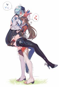 Rule 34 | 2girls, absurdres, amber (genshin impact), black hairband, blue hair, blush, boots, breasts, brown hair, carrying, carrying person, commentary request, eula (genshin impact), genshin impact, gloves, had a dream everyone was drawing lesbian ships like this (meme), hair between eyes, hair ribbon, hairband, heavy, height difference, high-waist shorts, highres, kiegenshin, lifting another's clothes, long hair, long legs, long sleeves, medium hair, meme, multiple girls, red ribbon, ribbon, short shorts, shorts, size difference, struggling, sweat, thick thighs, thigh boots, thighhighs, thighs, trembling, trembling legs, yuri