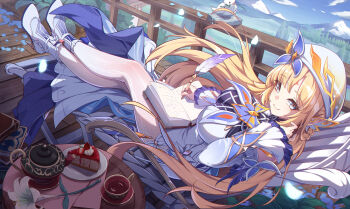 1girl absurdres bird blonde_hair blue_eyes book breasts cake cake_slice closed_mouth commentary_request cross-shaped_pupils cup day detached_sleeves dress food from_side genshin_impact hand_up hat high_heels highres holding holding_quill large_breasts long_hair long_sleeves looking_at_viewer looking_to_the_side nicole_(genshin_impact) open_book outdoors pantyhose phantom_racher quill saucer shoes sitting smile solo symbol-shaped_pupils teacup teapot very_long_hair white_bird white_dress white_hat white_pantyhose white_shoes writing