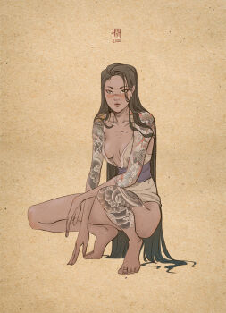 1girl artist_logo barefoot between_legs black_hair breasts collarbone commentary feet full_body hand_between_legs hanhhanh highres leg_tattoo logo long_hair looking_at_viewer no_bra original purple_sash sash solo squatting tattoo toes