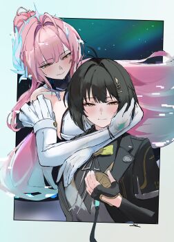 Rule 34 | 2girls, absurdres, adoptive parent and adoptive child, aemeath (wuthering waves), bare shoulders, black gloves, black jacket, breasts, closed mouth, commentary request, elbow gloves, female rover (perpetual spark) (wuthering waves), female rover (wuthering waves), fingerless gloves, glitch, gloves, hair ornament, half-closed eyes, hand up, highres, jacket, large breasts, long hair, looking at another, looking down, mother and daughter, multiple girls, official alternate costume, pink hair, rover (wuthering waves), s4ika, sad, white gloves, wuthering waves, yellow eyes