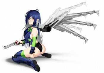 1girl absurdres bionicle blue_boots blue_hair blue_one-piece_swimsuit boots brown_eyes burns5 competition_swimsuit grey_hair gun hahli_(bionicle) hair_behind_ear hair_between_eyes highres holding holding_gun holding_weapon humanization looking_back mecha_musume mechanical_wings multicolored_hair one-piece_swimsuit shadow simple_background smile solo swimsuit the_lego_group thigh_boots trigger_discipline two-tone_hair weapon white_background wings