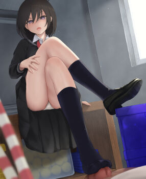 1boy 1girl black_hair black_sailor_collar black_shirt black_shoes black_skirt blue_socks blurry blurry_foreground censored collared_shirt commission crossed_legs feet footjob footjob_with_legwear hair_between_eyes hetero indoors legs loafers long_sleeves looking_at_viewer maa_(maa1) medium_hair mosaic_censoring neckerchief open_mouth original out_of_frame panties penis pixiv_commission pleated_skirt purple_eyes red_neckerchief sailor_collar school_uniform serafuku shirt shoes single_shoe sitting skirt socks stepped_on thighs toe_seam toes underwear variant_set white_panties